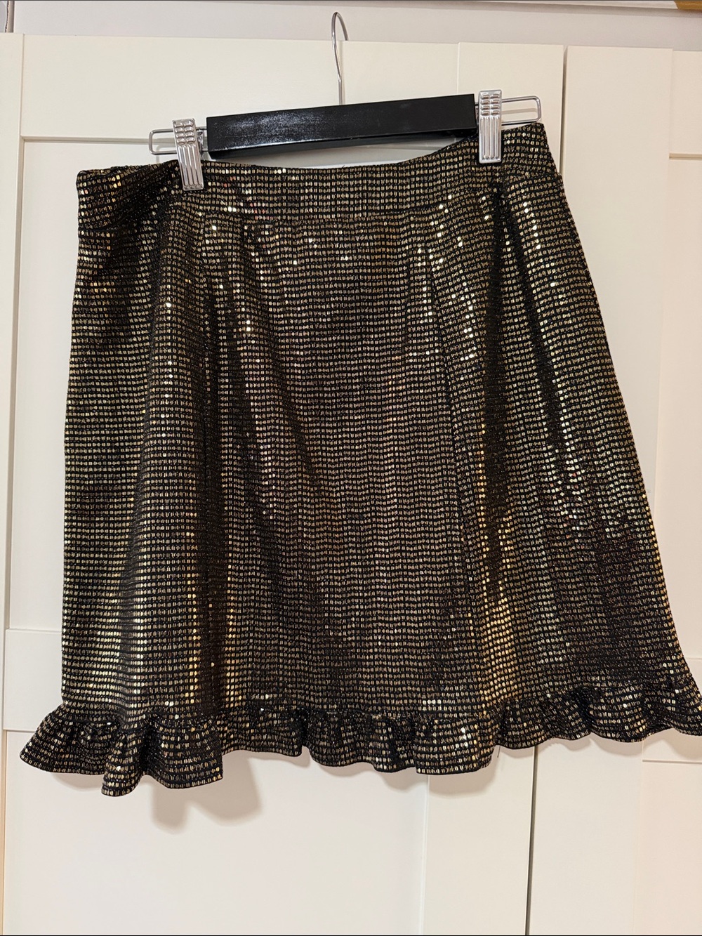 miami Black and Gold Metallic Mini Skirt with Ruffle Hem
